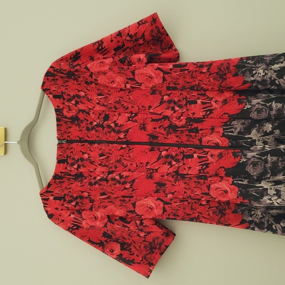 Julian Taylor Midi Dress 16 Red Black Gray Roses A-Line Wedding Guest Church - Picture 5 of 14